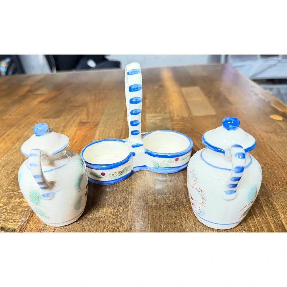 Vintage Ceramic Rooster Salt and Pepper Shaker Set with Caddy Blue White Red